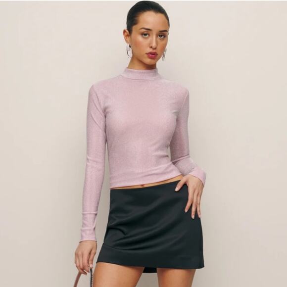 Reformation Bailey Knit Top Rose Sparkle Mock Neck Long Sleeve Medium - Picture 2 of 14